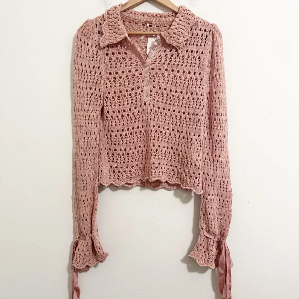 Free People Pointelle Pullover in Mauve Rose